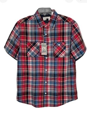 Flag & Anthem Men's Red & Blue Plaid Short Sleeve Button-Down Shirt-NWT